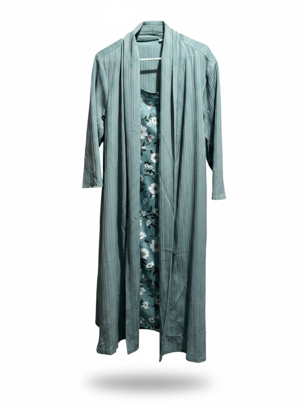 Source Unknown Sage Green Floral Midi Dress with Lightweight Duster